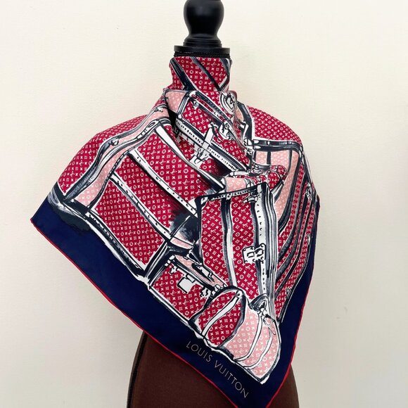 New Louis Vuitton Scarf Trunks Luggage Monogram Blue Red Silk Wrap - Picture 1 of 16